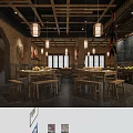 Traditional Chinese Restaurant With Hanging Lanterns Bamboo Decor Menu Board And Fruit Food Displays