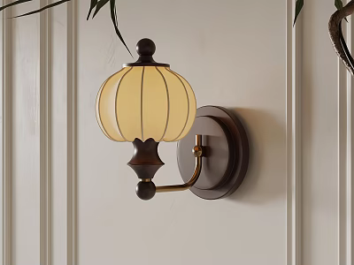 Traditional Style Wall Lamp With Yellow Lampshade And Wooden Base On White Wall 3d model