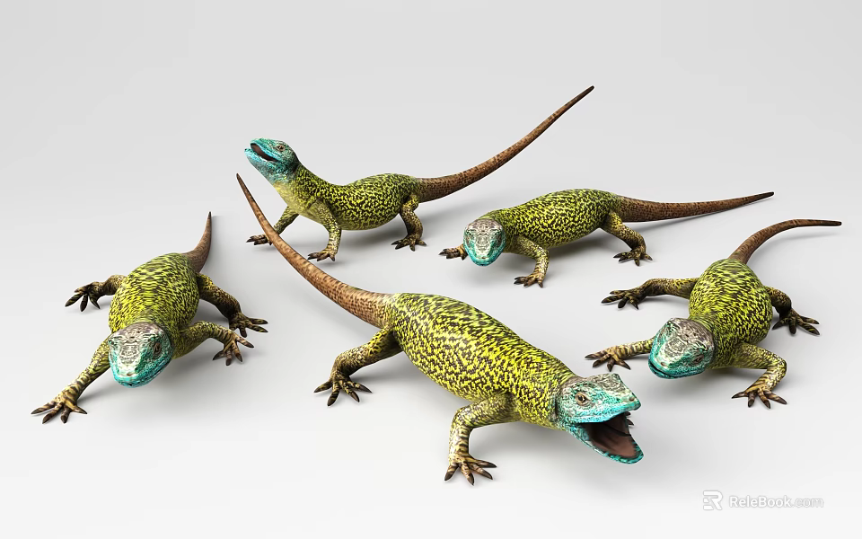 Green Spotted Lizards With Blue Heads In Different Poses 3d model