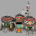 Cartoon Military Base Scene With Red Star Buildings Dragon Statue And Radar