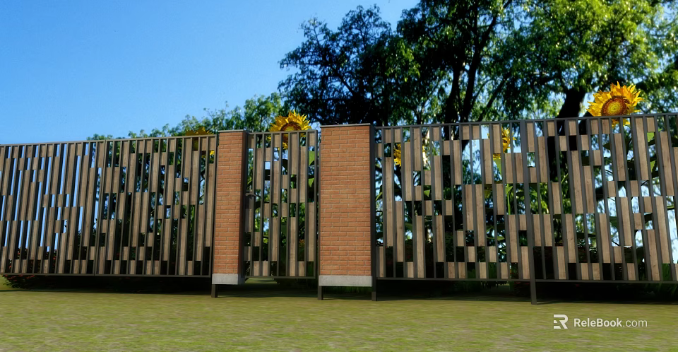 Perforated Fence With Red Brick Panels And Wooden Slats Against Green Trees And Blue Sky 3d model 