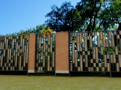 Perforated Fence With Red Brick Panels And Wooden Slats Against Green Trees And Blue Sky 3d model