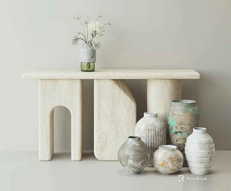 Textured Ceramic Vessels On Minimalist Console Table With Dried Flowers Decor 3d model 