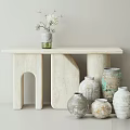 Textured Ceramic Vessels On Minimalist Console Table With Dried Flowers Decor 3d model