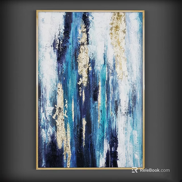 Elegant Picture Frame With Gold Border And Blue White Abstract Painting 3d model 