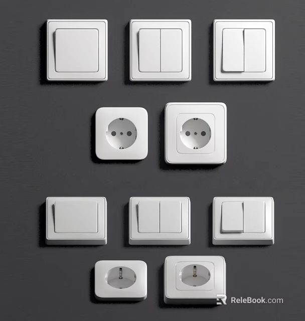 Modern White Switch Panels With Different Switches And Sockets Arranged On Dark Background 3d model