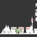 Modern Miniature Scene With Colorful Buildings Red Tower Trees Snowy Mountains And Clouds