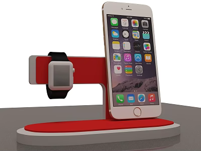 Dual Device Smartphone and Smartwatch Charging Stand with Red Holder Design 3d model