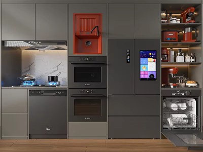 Modern Kitchen With Integrated Appliances Including Refrigerator Oven Dishwasher Stove And Coffee Maker 3d model