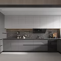 Modern Kitchen Interior Design With Grey Cabinets Black Countertop And Appliances