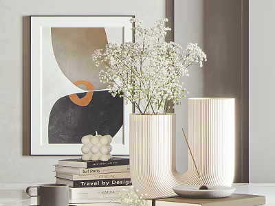 Modern Decorative Ornament Set With White Flower Vases Books Abstract Painting And Spherical Ornament 3d model