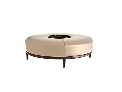 Round Beige Upholstered Ottoman Featuring Central Opening And Dark Slim Legs 3d model