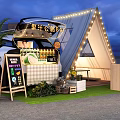 Cozy Glamping Setup With White Tent String Lights Vehicle Kiosk Green Plants And Evening Sky