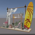 Beach Themed Decor Setup With Wooden Structure White Curtains Flamingo Surfboard And Striped Chair