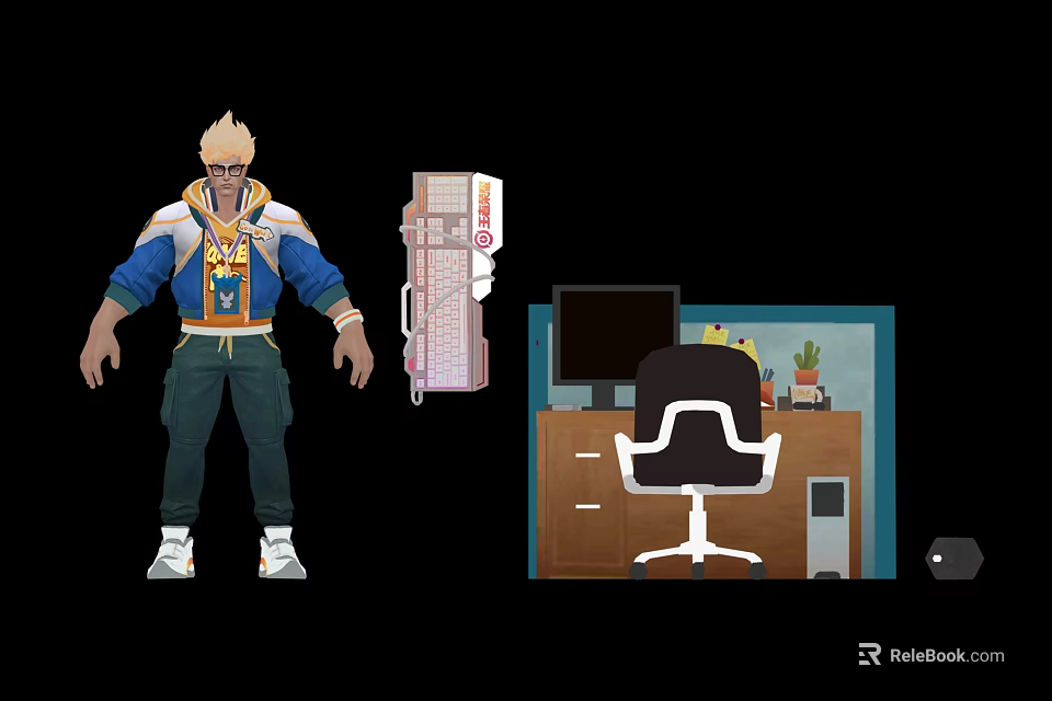 Adventurous Character in Blue Yellow Jacket with Magical Creature and Office Desk Elements 3d model 
