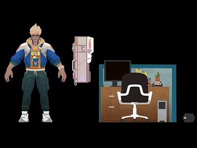 Adventurous Character in Blue Yellow Jacket with Magical Creature and Office Desk Elements 3d model