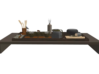 Traditional Tea Table and Chairs with Tea Set Tray and Utensils 3d model