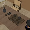 Traditional Teaset Featuring Teapot Teacups And Wooden Tray On Wooden Table With Vase