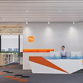 Modern Public Office Space With Orange White Reception Desk Bookshelves Large Windows And City View