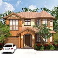 Detached Villa Exterior with Wooden Siding Brown Roof Green Plants and White Car
