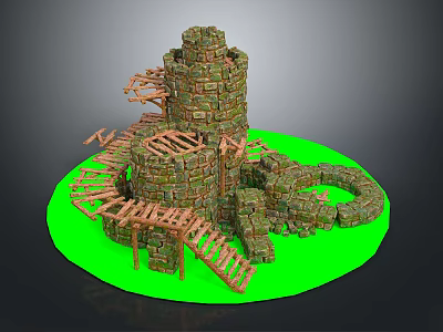 Brick And Wooden Castle Model With Tower Ladders And Circular Green Platform 3d model