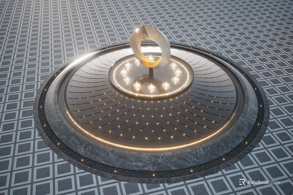 Circular Modern Water Fountain With Central Ring Structure And Illuminated Lights On Grid Patterned Floor 3d model 