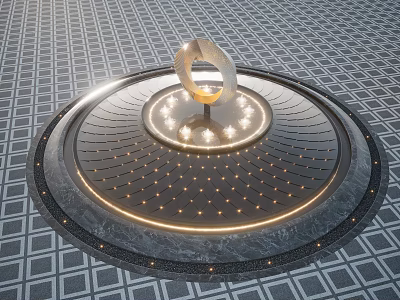 Circular Modern Water Fountain With Central Ring Structure And Illuminated Lights On Grid Patterned Floor 3d model