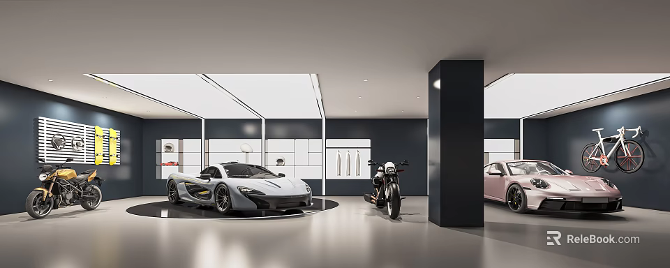 4S Auto Showroom Displaying White Sports Car Black Motorcycle Pink Vehicle With Modern Lighting 3d model 