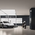 4S Auto Showroom Displaying White Sports Car Black Motorcycle Pink Vehicle With Modern Lighting