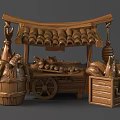 Intricately Carved Wooden Cart Sculpture With Curved Roof And Decorative Wheels