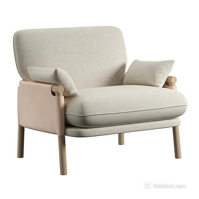 Modern Minimalist Single Sofa with Light Beige Fabric Cushions Light Pink Armrests and Wooden Legs 3d model 