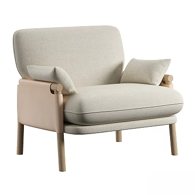 Modern Minimalist Single Sofa with Light Beige Fabric Cushions Light Pink Armrests and Wooden Legs 3d model