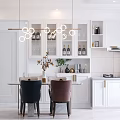 Modern Restaurant Kitchen With White Cabinets Pendant Lights Dining Table And Chairs 3d model