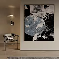 Modern Abstract Painting With Blue White Circular Patterns And Black Textured Brushstrokes