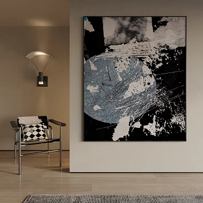 Modern Abstract Painting With Blue White Circular Patterns And Black Textured Brushstrokes 3d model