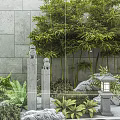 Indoor Garden Decor With Green Plants Stone Ornaments And Wooden Accents In Glass Walled Space