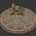Round Fringed Area Rug With Wooden Table Blue Box And Three Chairs