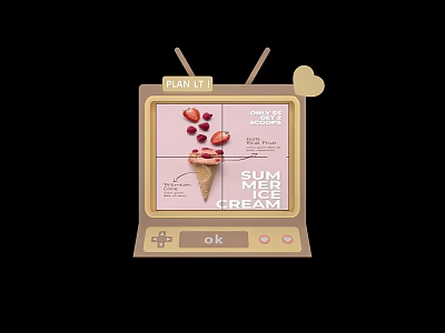 Interactive Area With Vintage TV Displaying Summer Ice Cream And Strawberry Cone 3d model