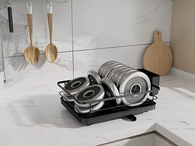 Black Dish Drying Rack With Stacked Plates And Wooden Utensils On Marble Kitchen Countertop 3d model