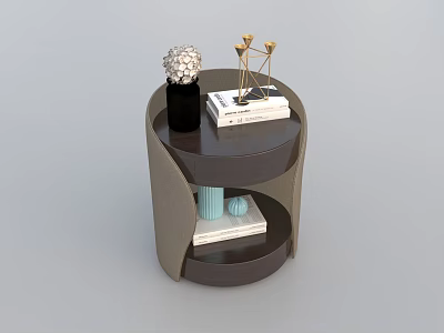 Modern Round Bedside Table With White Decorative Sphere Gold Candle Holders Books And Blue Balls 3d model