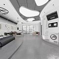 Modern Exhibition Hall Interior With Smart Robot Sofa Area Ceiling Lights And Large Windows 3d model