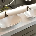 Modern Bathroom Double White Washbasins on Marble Countertop with Round Mirror LED Light Green Plant
