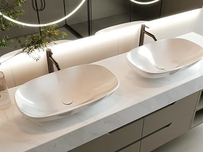 Modern Bathroom Double White Washbasins on Marble Countertop with Round Mirror LED Light Green Plant 3d model