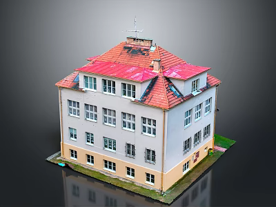 Multi Story Red Roof Building With White Yellow Exterior Many Windows Green Lawn And Pool 3d model