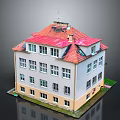 Multi Story Red Roof Building With White Yellow Exterior Many Windows Green Lawn And Pool