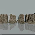 Four Textured Stone And Wood Combined Sculptures Displayed On Smooth Surface With Reflection