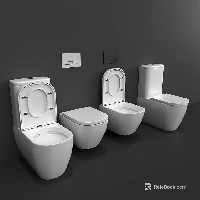 Modern White Toilets With Open And Closed Lids On Gray Wall Background With Control Panels 3d model 