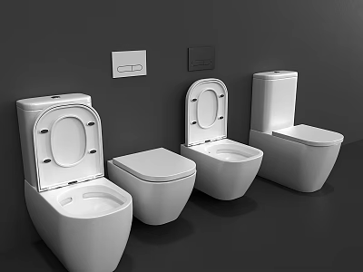 Modern White Toilets With Open And Closed Lids On Gray Wall Background With Control Panels 3d model