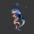 Blue Haired Cartoon Girl In Orange Top Dancing With Floating Blue Bubbles