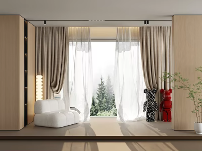 Modern Curtains and Sheer Panels with Green Tree View in Bright Room with White Sofa 3d model